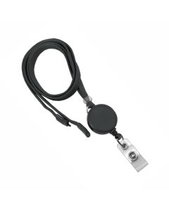 3/8" Flat Black Breakaway Lanyard w/1-1/4" Round Black Badge Reel & Clear Vinyl Strap Clip