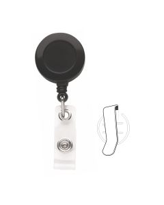 1-1/4" Round Black Plastic Badge Reel, Tested to 125K Retractions w/Vinyl Strap and Belt Slide Clip