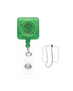 1-1/4" Square Translucent Green Plastic Badge Reel, Tested to 125K Retractions w/Vinyl Strap and Belt Slide Clip